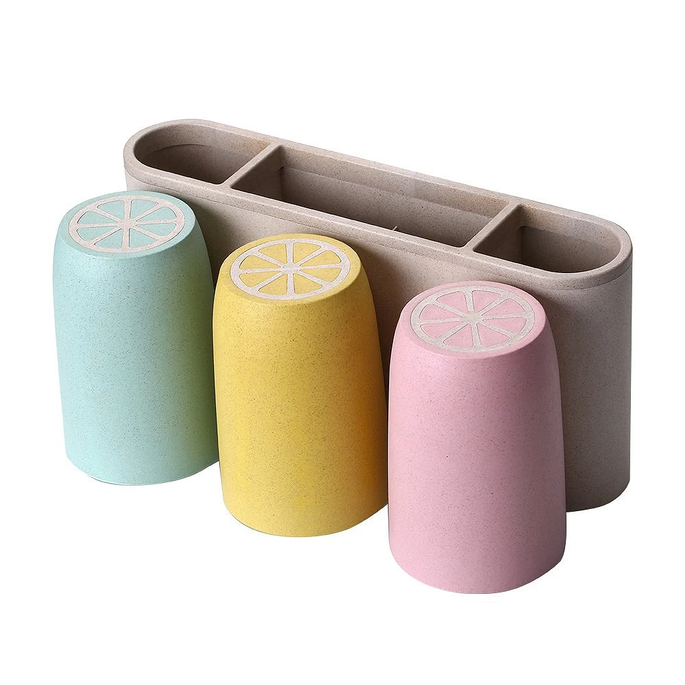 Hot Sale Lemon Toothbrush Holder with 3 Cups Easily Wall Mounted Electric Toothpaste Storage Set Wheat Straw | Дом и сад