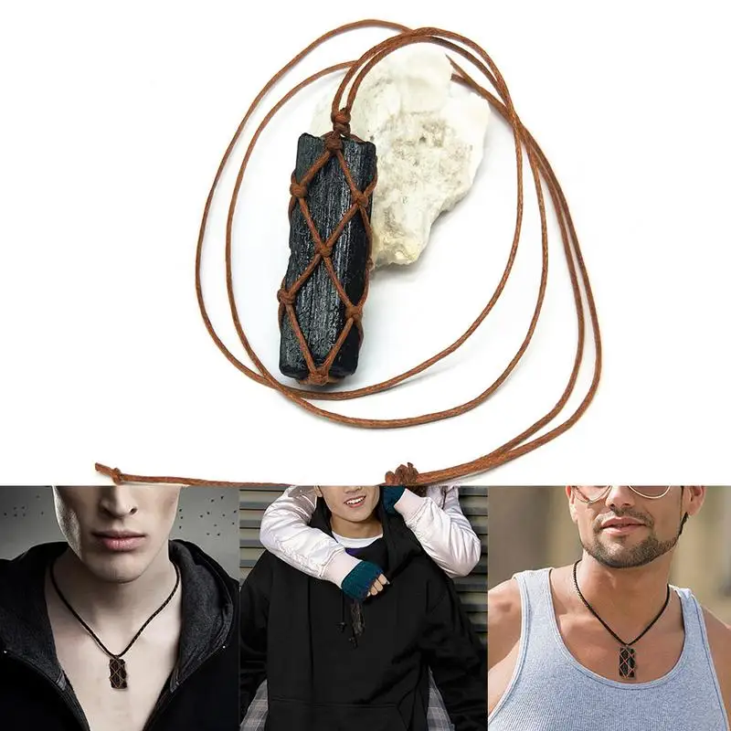 

Natural Black Tourmaline Retro Raw Gemstone Pendant Crystal Hand-Woven Jet Stone Ore Radiation Protection