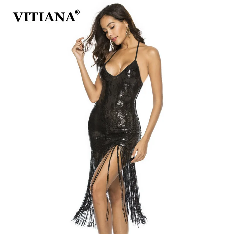 

VITIANA Women Sequins Tassels Sexy Party Dresse Female Summer Sleeveless Halter Slim Mini Dresses Lighting Sparkly ClubWear
