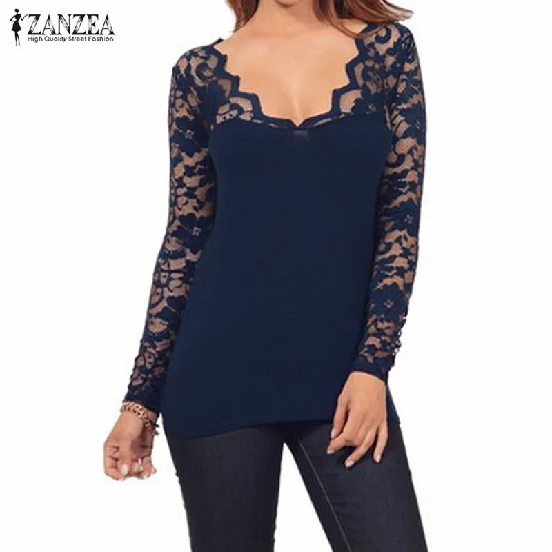 

ZANZEA Lace Crochet Shirts Women Plus Size Autumn Stretch Sexy V Neck Blouses Long Sleeve Top 2019 Casual Blusas Femininos S-5Xl