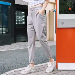 Новинка 2019 года для женщин Высокая талия дамские шаровары весна мода эластичный пояс ботильоны длина брюки для девочек карманы одноцветны