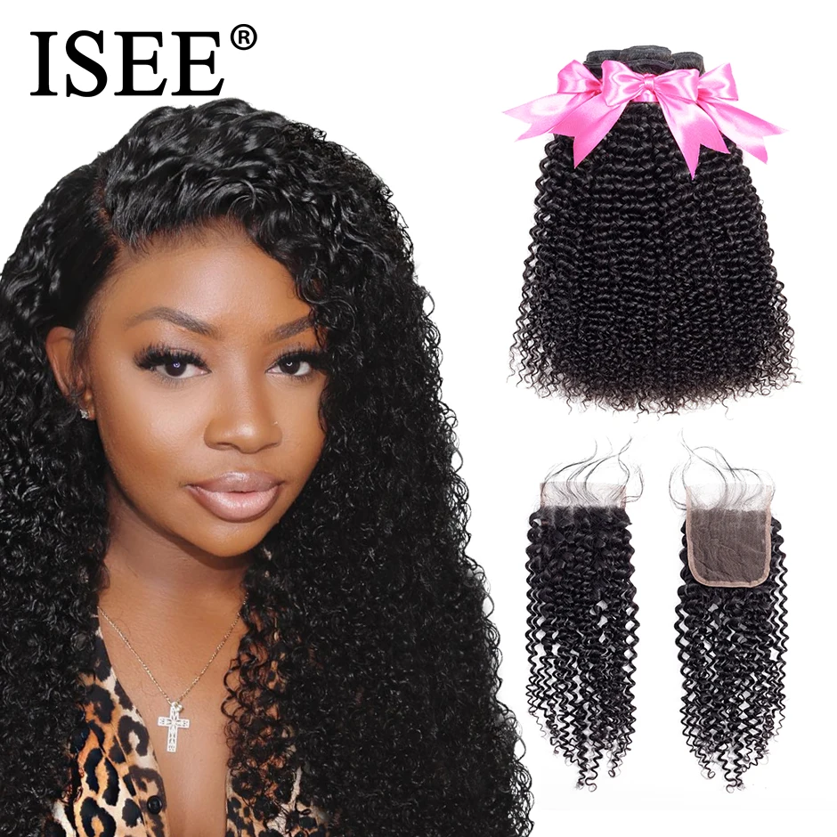 Mongolian Kinky Curly Human Hair Bundles With Closure ISEE Hair Extensions 3Bundles With Closure