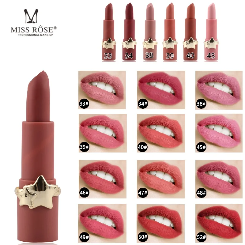 

Miss Rose Star Matte Lipstick Waterproof Velvet Lips Tint Moisturizing Easy To Wear Makeup Lip Gloss Lipsticks Cosmetic TSLM2