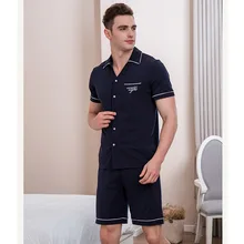 Летняя Новинка Мужская Шелковая пижама костюм с отворотом дышащий мужской домашний костюм синяя Пижама с коротким рукавом Пижама с шортами