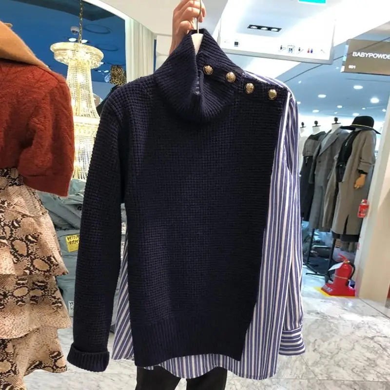 Korean Autumn Striped Button Patchwork Women Sweater 2019 New Fashion Casual Long Sleeve Knitted Pullover Winter All Match Tops