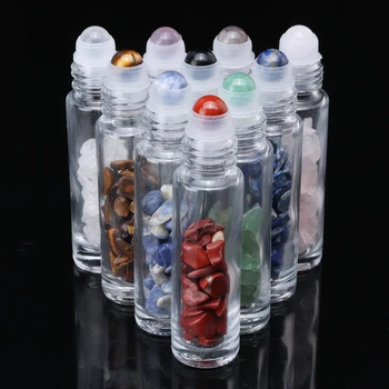 

10pcs Natural Semi Stones Essential Oil Gemstone Roller Ball Bottles Transparent Glass 10ml Healing Crystal Chips Inside