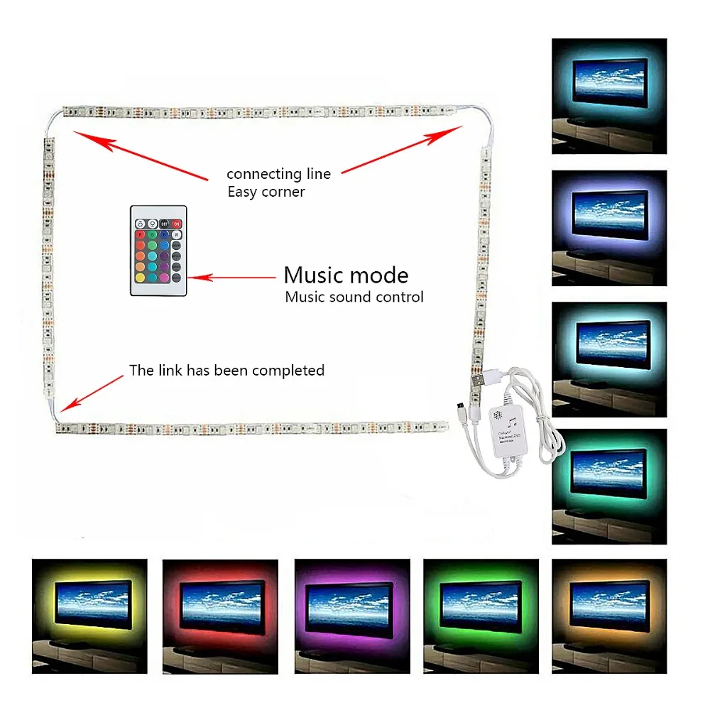 DC 5 в USB 1 м/2 м/3 м Светодиодная лента 5050 SMD RGB светодиодный полоса с 24 клавишами