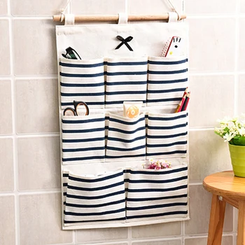 

Multi-pockets Striped Wall Hanging Linen Cotton Storage Bag Bathroom Shelf Pouch Hogard