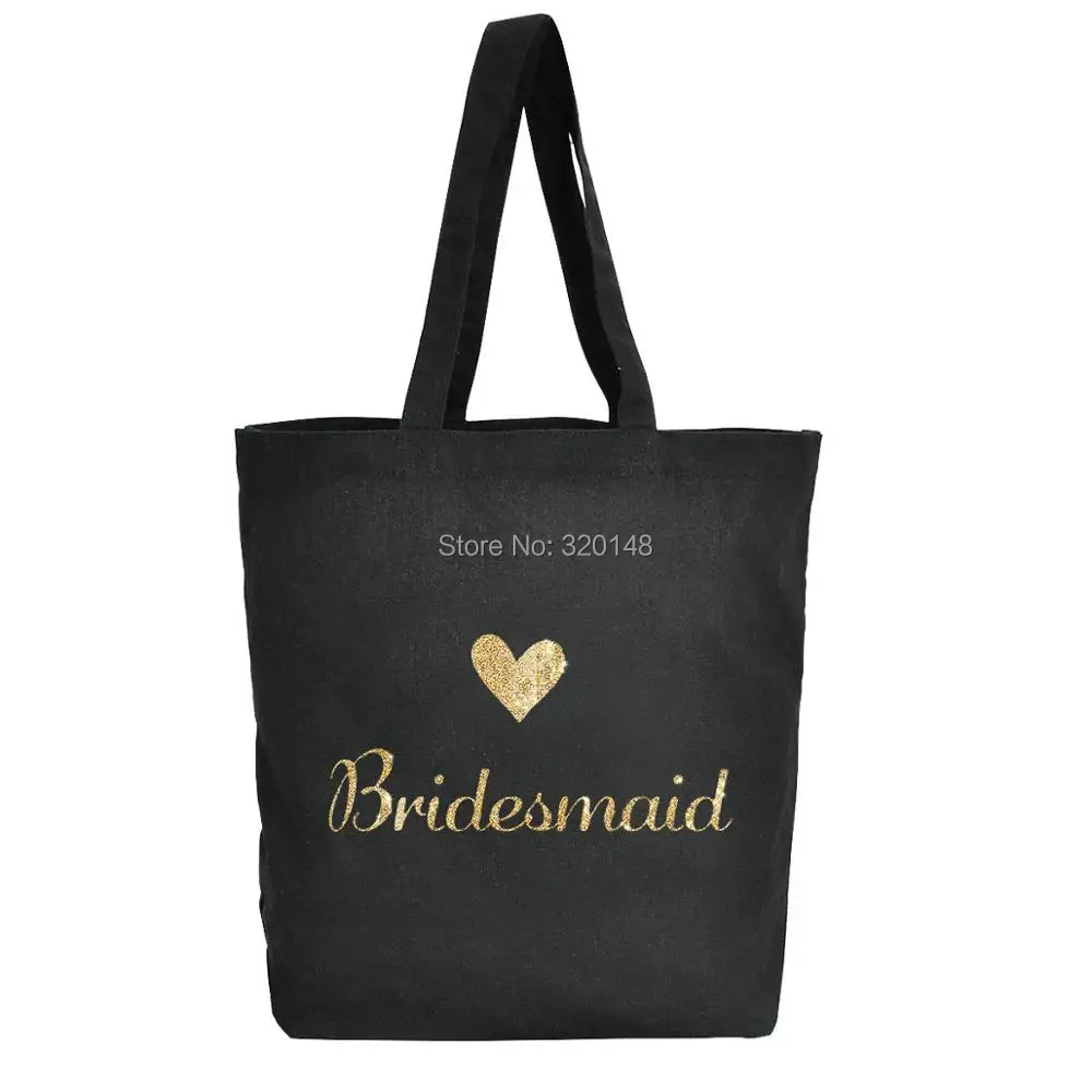 

Bridesmaids tote bag Wedding Favor Bachelorette bridal shower party gift black shoulder bag canvas cotton gold glitter TB1