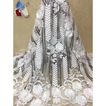 

White 3d Tulle African Beaded Lace Fabric With Sequins Good Quality Pink Nigeria Wedding Lace Fabrics French Net Lace Fabric