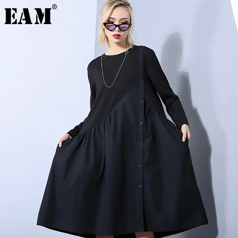 

[EAM] 2019 New Autumn Winter Round Neck Long Sleeve Black Loose Pleated Irregular Split Joint Dress Women Fashion Tide JO454