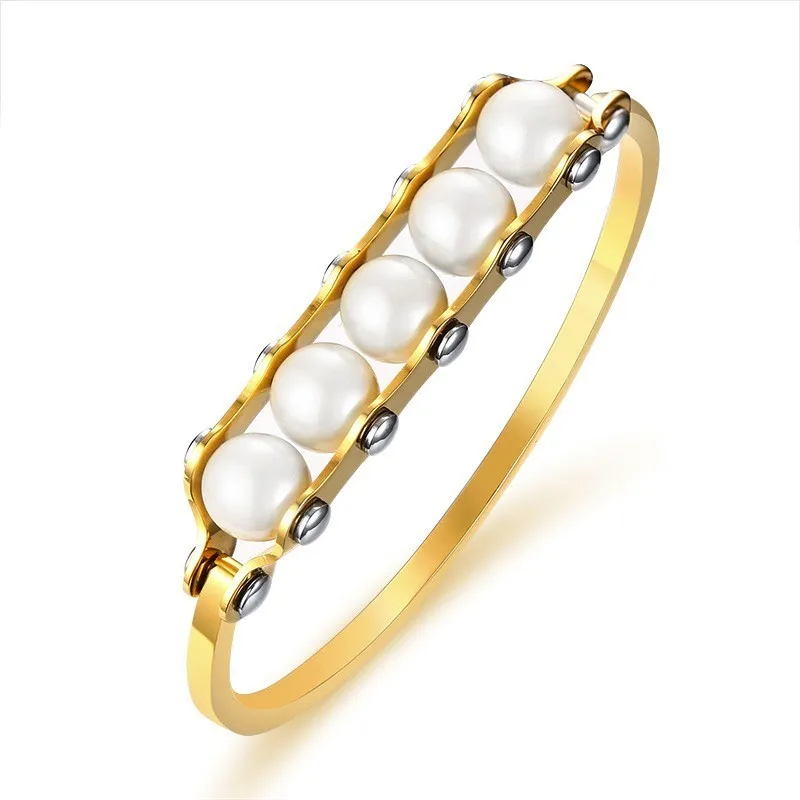 

Dainty Faux Pearl Cuff Bracelet for Women Stainless Steel Golden