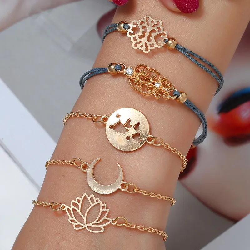 

Women's Hand Chain Set Hollow Earth Lotus Moon Palm Pattern Shape Crystal Bracelet Multi-piece Multi-layer Crystal Bracelet