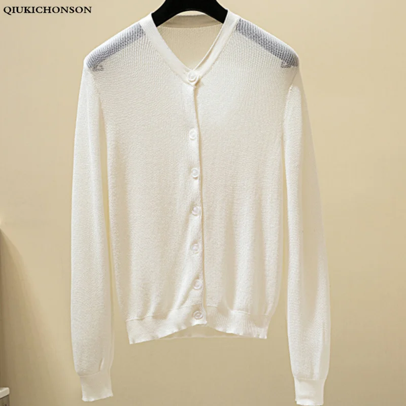 

Thin Summer Cardigan Korean Style Women Ice Silk Casual V-Neck Single Breasted Knitted Cardigans Short Cropped Knitwear mujer