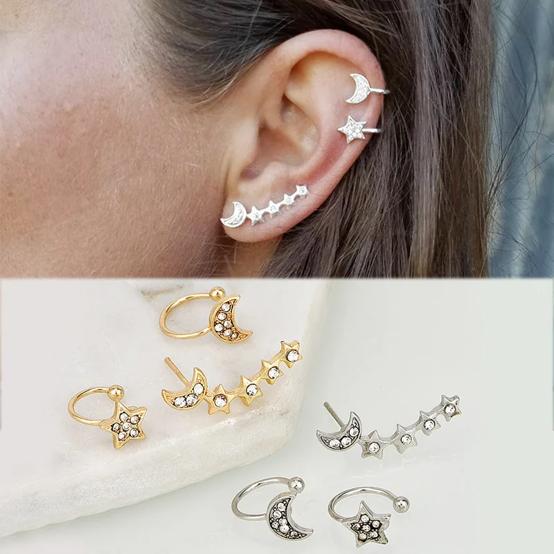 

High Quality Simple Star Handmade Crystal Moon Valentines Gift Graceful Golden Beautiful Gifts 3PCS/Set Ear Clips Silver