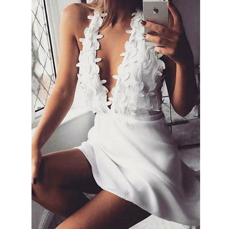 

Uguest Women Solid Sexy Deep V Neck Halter Sleeveless Dress Short Floral Pattern A-line Open Back Dresses Summer Beach