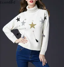 High Quality Autumn Winter Women Sweaters Warm Knitted Pullovers Paillette Stars Tassels Turtleneck Female Tops Fashion New 2018 High Quality Autumn Winter Women Sweaters Warm Knitted Pullovers Paillette Stars Tassels Turtleneck Female Tops Fashion New 2018