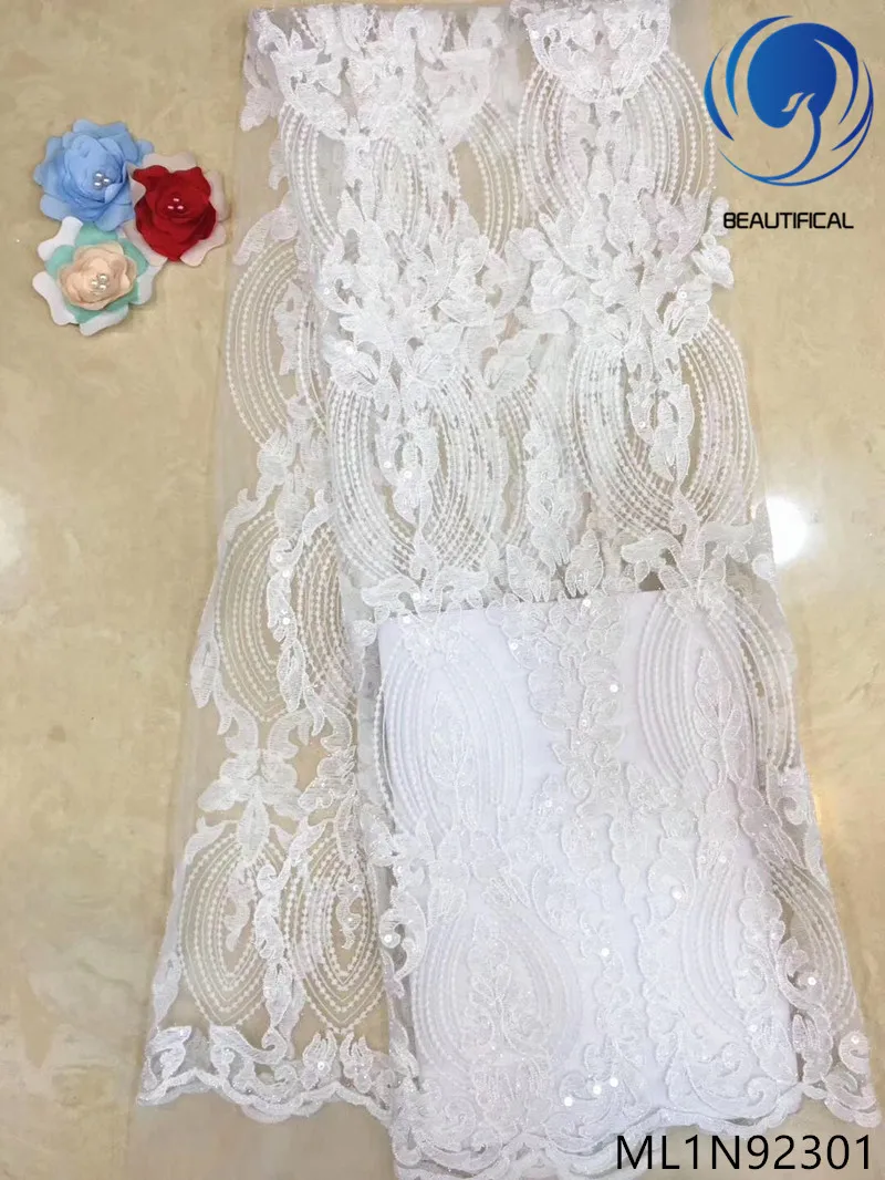 

Beautifical african lace fabrics for dresses 2019 Latest nigerian bridal net lace with sequins fabric for wedding 5yards ML1N923