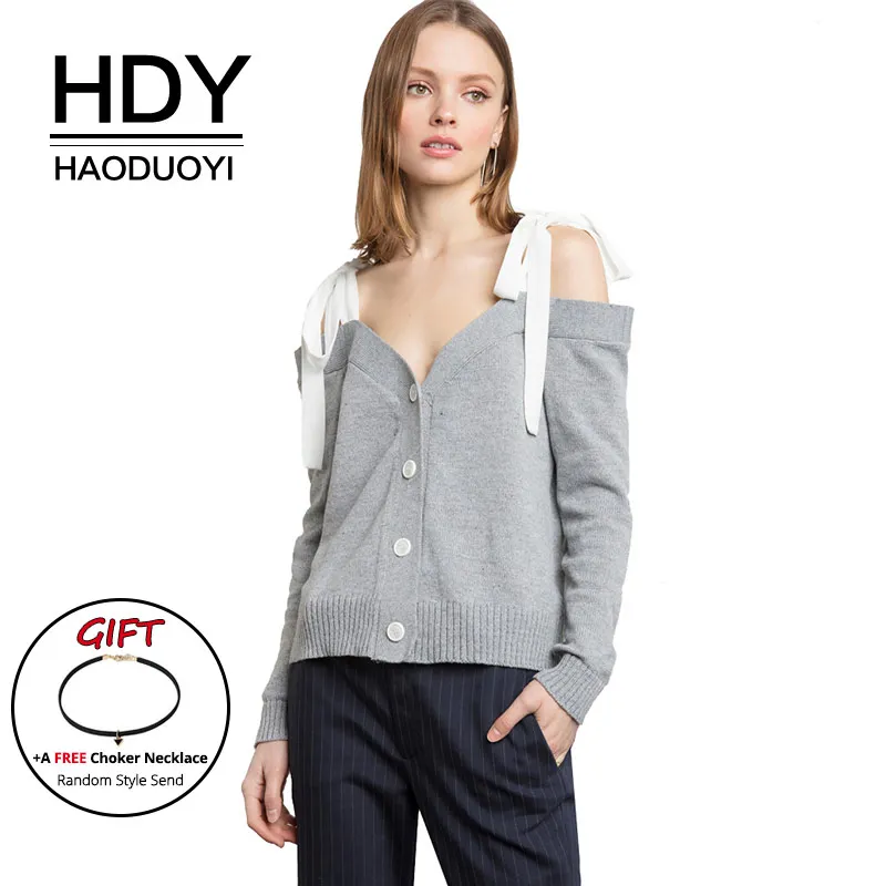 

HDY Haoduoyi Women Cardigans Long Sleeve Button Sweaters Strap Bow Off the shoulder Sexy Tops Loose Casual 2017 Autumn Winter