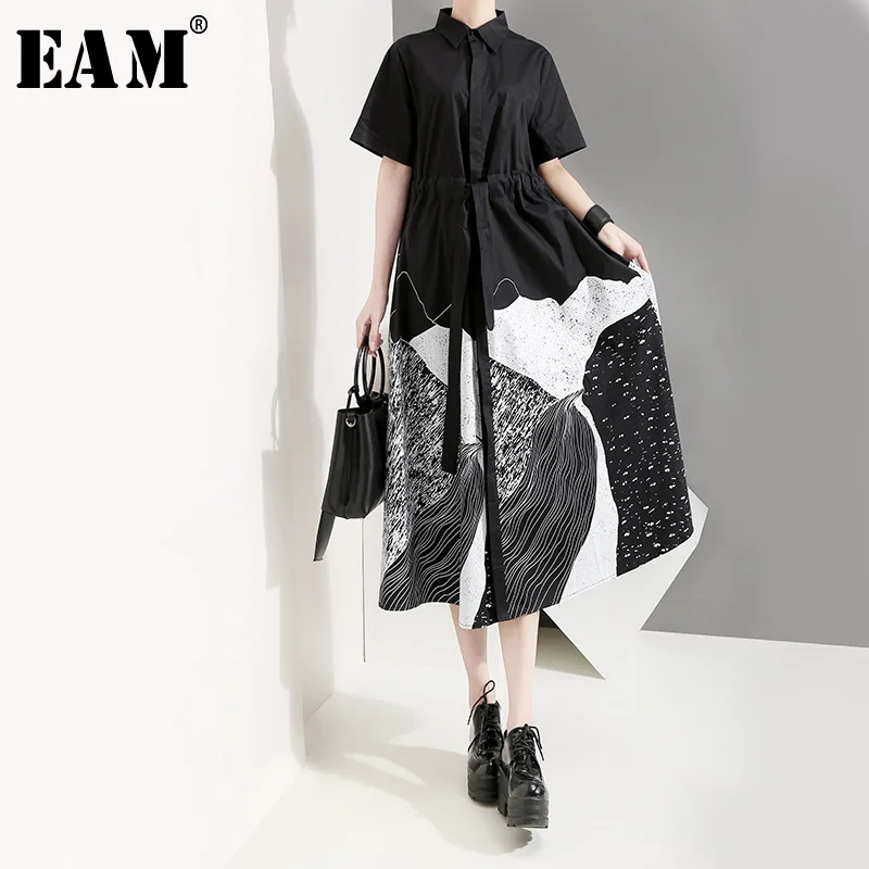 

[EAM] 2019 New Spring Summer Lapel Short Sleeve Pattern Printed Loose Drawstring Big Size Shirt Dress Women Fashion Tide JU412