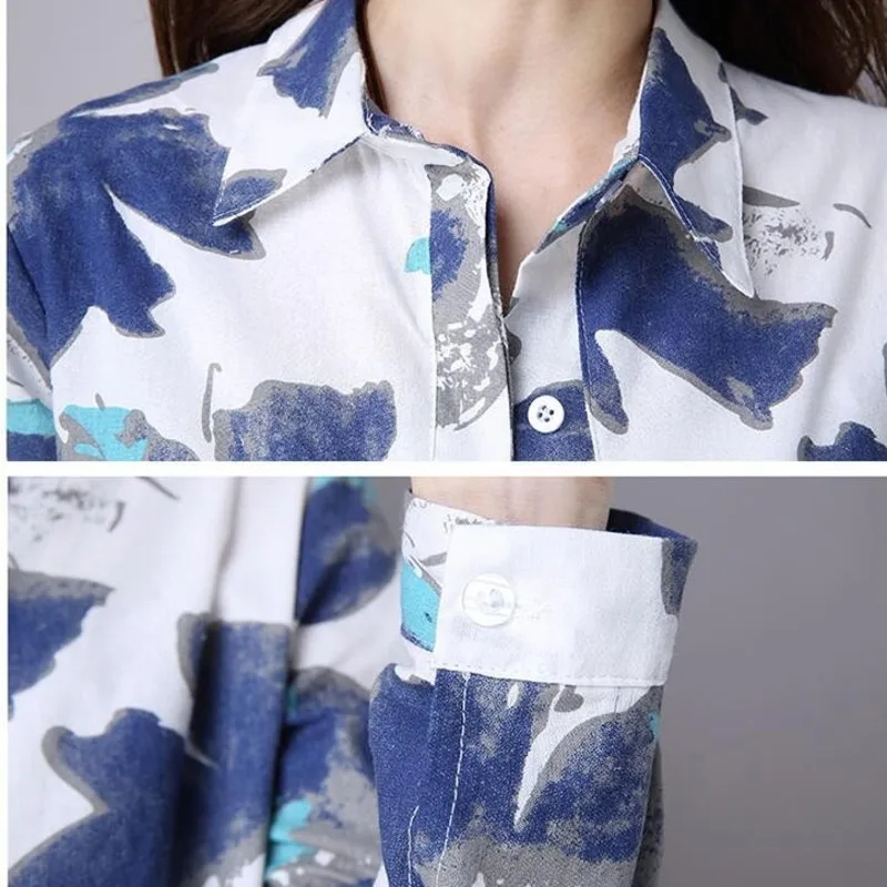 3009 Chinese Linen Shirt Women White Long Sleeve Retro Floral Print Shirt Women Cotton Long Linen Blouse Female Vintage Tunics