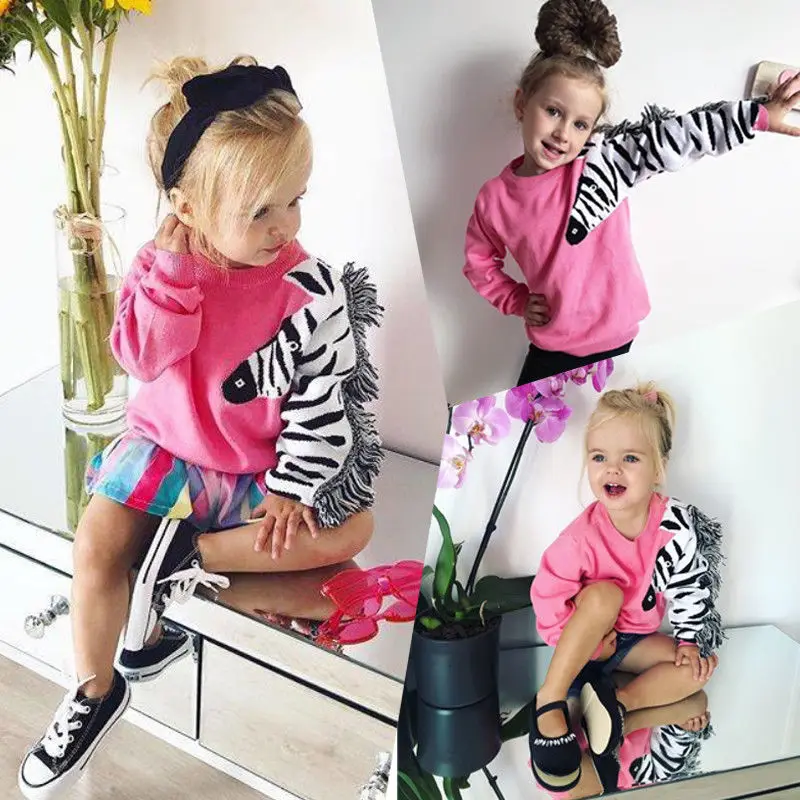 

1-6Y Autumn Infant Kids Baby Girls Lovely Sweatshirt Tops Cartoon Animal Print Tassel Pullover Pink Clothes Tops