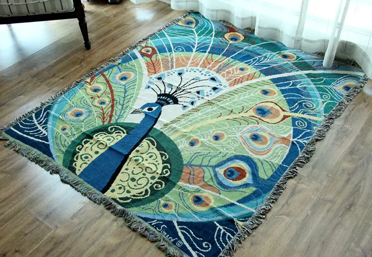 

130*170CM Peacock Pure Cotton Multi-Purpose Tapestry Blanket Thread Woven Carpet Country Knitting Wall Hanging Tablecloth