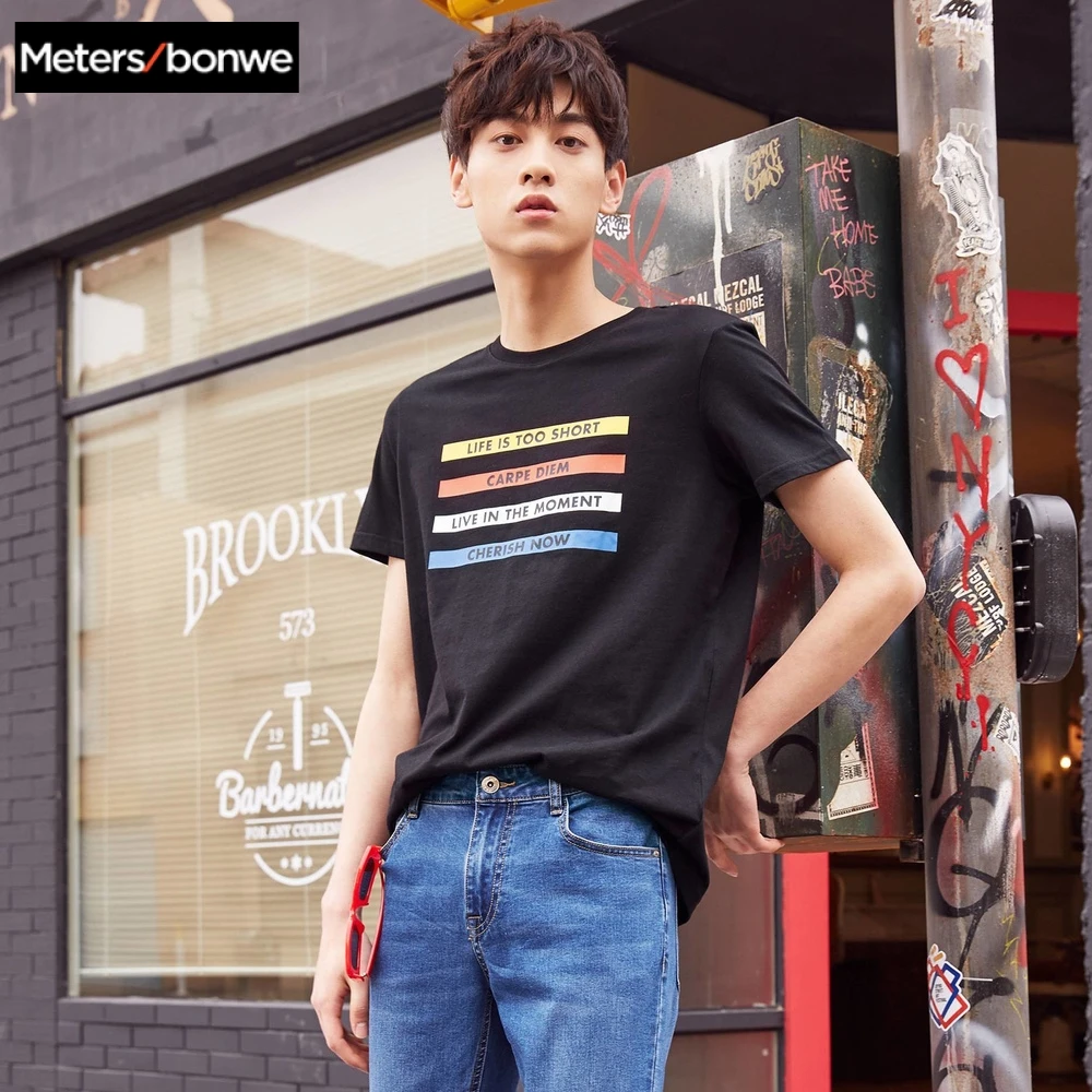

METERSBONWE New Men Summer T-Shirt Color Strip Personality Printed Cotton Bottoming Shirt