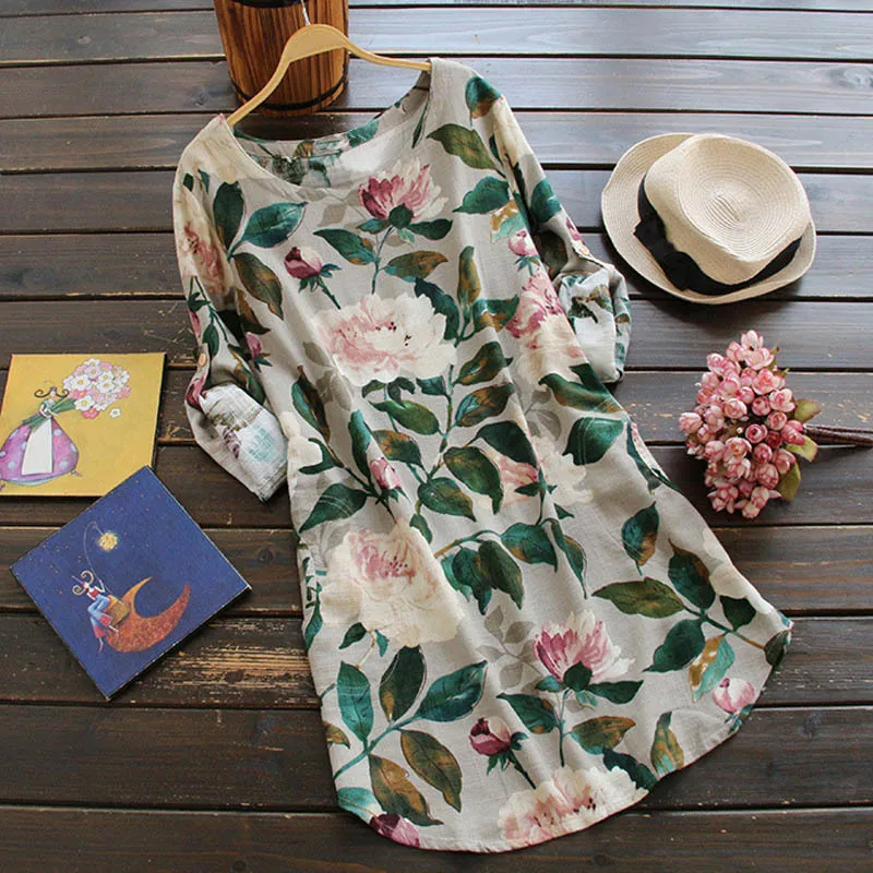 

Women Autumn Dress Floral Printed Rolled Long Sleeve O Neck Loose Swing Vintage Mini Dresses One-Piece Vestidos Plus Size S-5XL