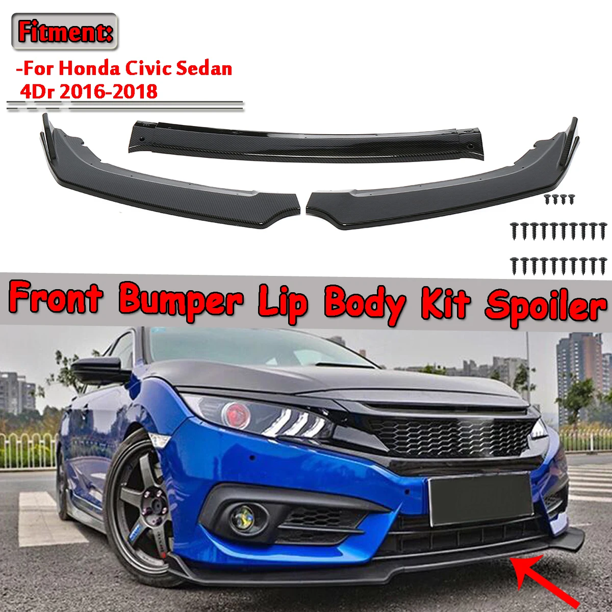 3Pcs New Car Front Lip Chin Bumper Spoiler Splitters Body Kit For Honda For Civic Sedan 4Dr 2016