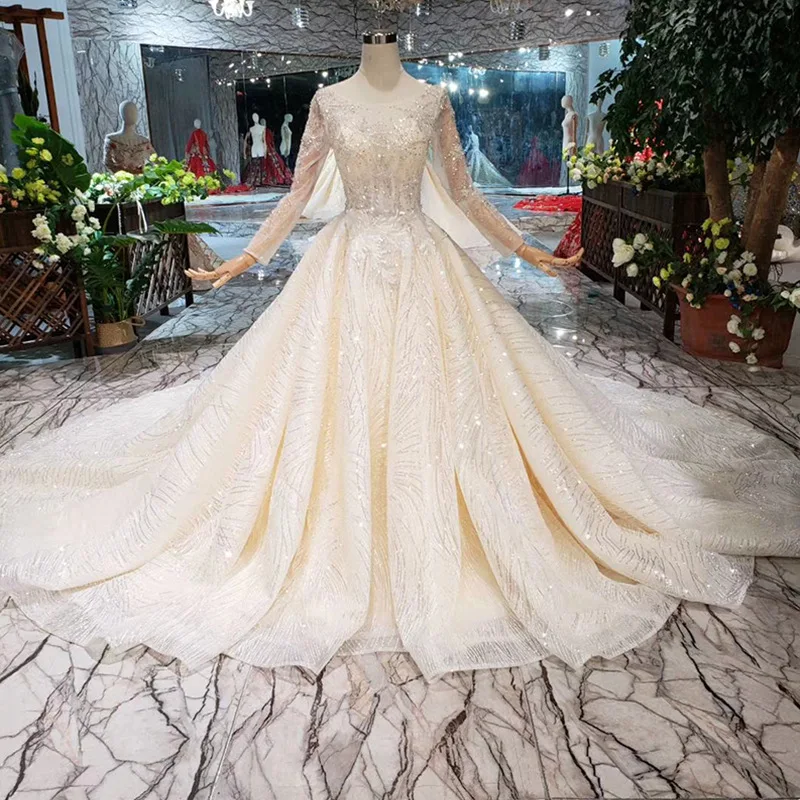 

champagne Long Sleeves Wedding Dresses 2019 flicker lace Gowns handwork sequins Bridal elegant Gowns