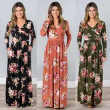 2019 Spring Long Dress Floral Print Boho Beach Dress Tunic Maxi Wrap Dress Women Long Sleeve V-neck Dress women floral print bohemian maxi dress gypsy wrap maxi dress vintage puff sleeve blossom boho maxi dress spell dress