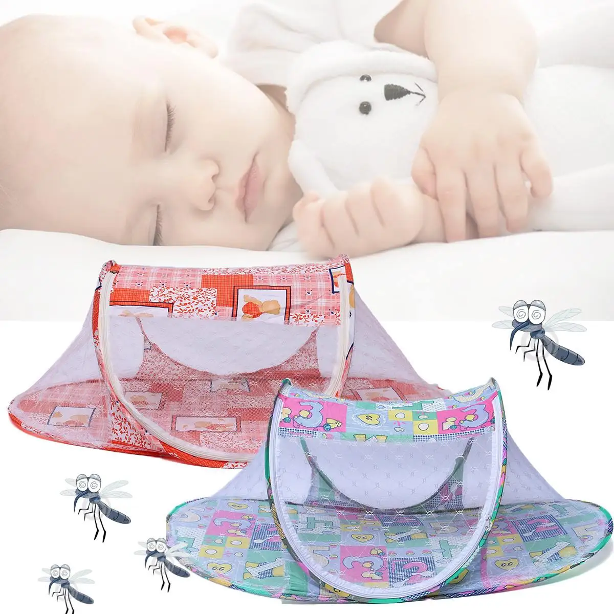 

110x60x38cm Folding Cartoon Baby Infant Kids Mosquito Net Ger Bed Netting Canopy Mattress Cute Pink Green Tent Camping Travel