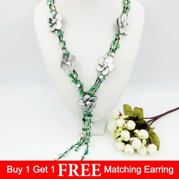 

Natural Stone Green new jades& Mother of Pearl shell flowers 25inches Tassels Necklace for women nice gift