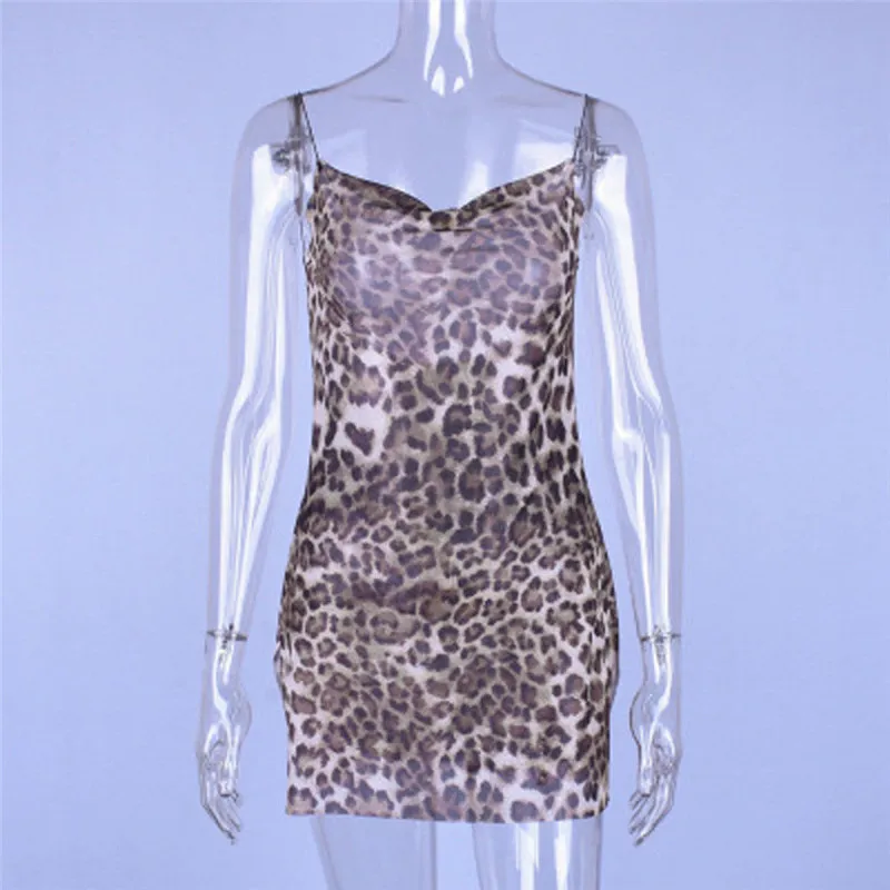

Trendy Women dress off shoulder Leopard Print Sexy sleeveless polyester Strap Bodycon Mini Dresses one pieces
