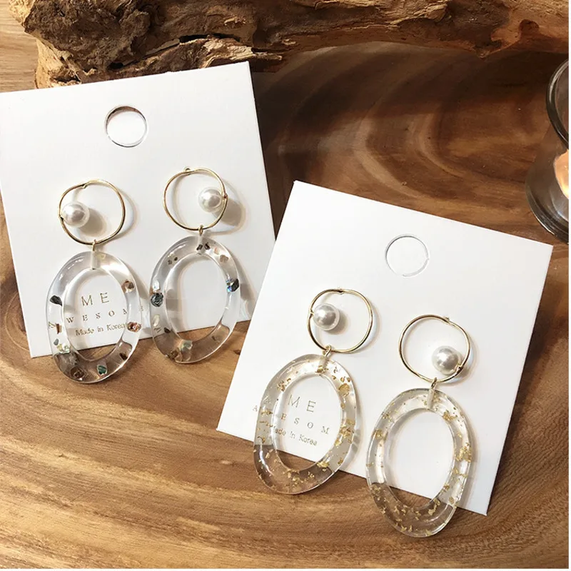 

Fashion Acrylic Transparent Earrings Gold Foil Shell Pearl Big Hollow Round Circle Geometric Long Dangle Earrings For Women Gift