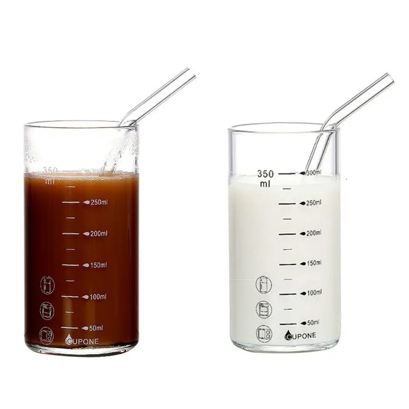 

300ML Thick High Temperature Resistant Glass Scale Cup Baking Microwave Oven Straight Measuring Cup with Glass Straw Milk Cup