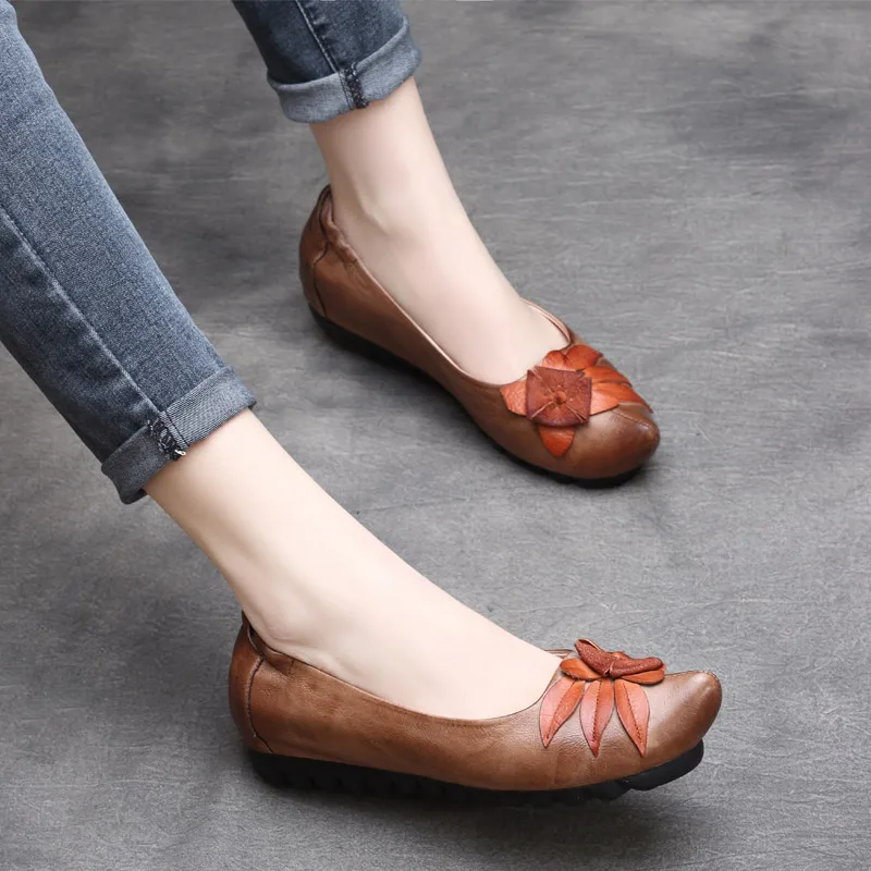 Paresseux Chaussures Femme Printemps D'été Véritable S Brown Ballet De Cuir En Femmes Mocassins Slipona Fleur Espadrilles Dames xP0Tqqw
