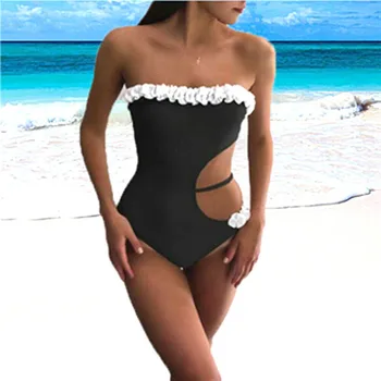 

Women Sexy Swimwear 3D Flower Bandeau Bathing Suit One-piece Swimming Clothes 2019 Solid Color Wrap Chest e Beach Bikini