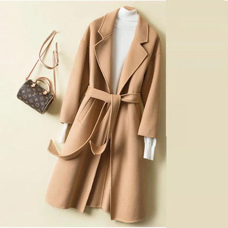 

2019 Spring New Woolen Coat Female Long-sleeved S Slim Lapel Belt Ladies Loose Casual Fashion Autumn Wool Long Women Jacket W016