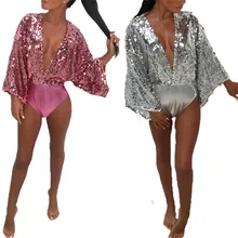 Женский Цельный купальник с длинным рукавом сексуальный глубокий v-образный вырез пайетки Купальники пуш-ап пляжные купальники сверкающий пэчворк купальный костюм