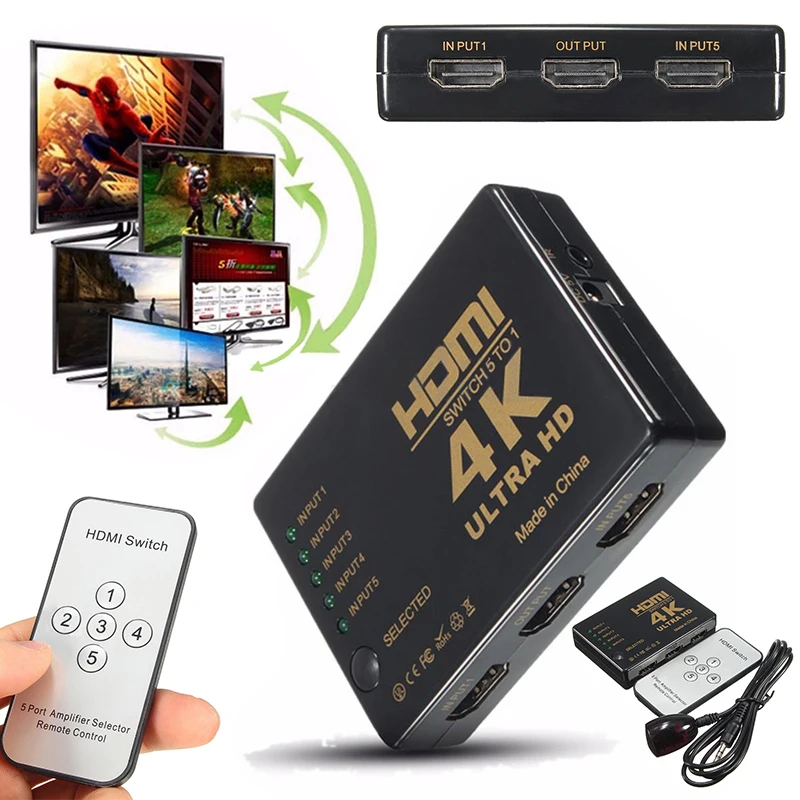 5 Port Switch Box Splitter 4K 3D 1080P HDMI IR Remote Control Selector Hub US