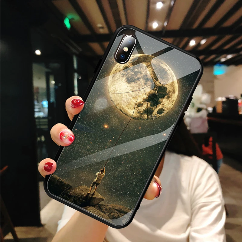 

Tempered Glass Case For iPhone XS Max XR Silicone Stars Space Cover Phone Case For iPhone X 10 XS XR 6 6s 7 8 Luxury Cases TPU