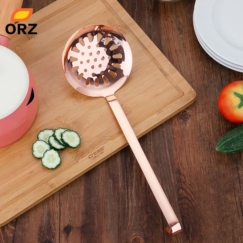 

ORZ Rose Gold Kitchen Sieve Food Colander Hanging Long Handle Soup Ladle Spoon Skimmer Strainer Kitchen Accessories Cooking Tool