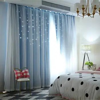 

Double-Layer Gauze Stars Curtains Hollowed Shading Starry Finished Products Modern Bedroom Nordic Style Romantic Decorative