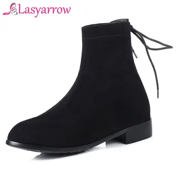 

Lasyarrow Plus Size Ankle Boots Female Low Heels Boots Women Round Toe Block Heels Lace Up Sock Boots Autumn Spring Shoes Woman