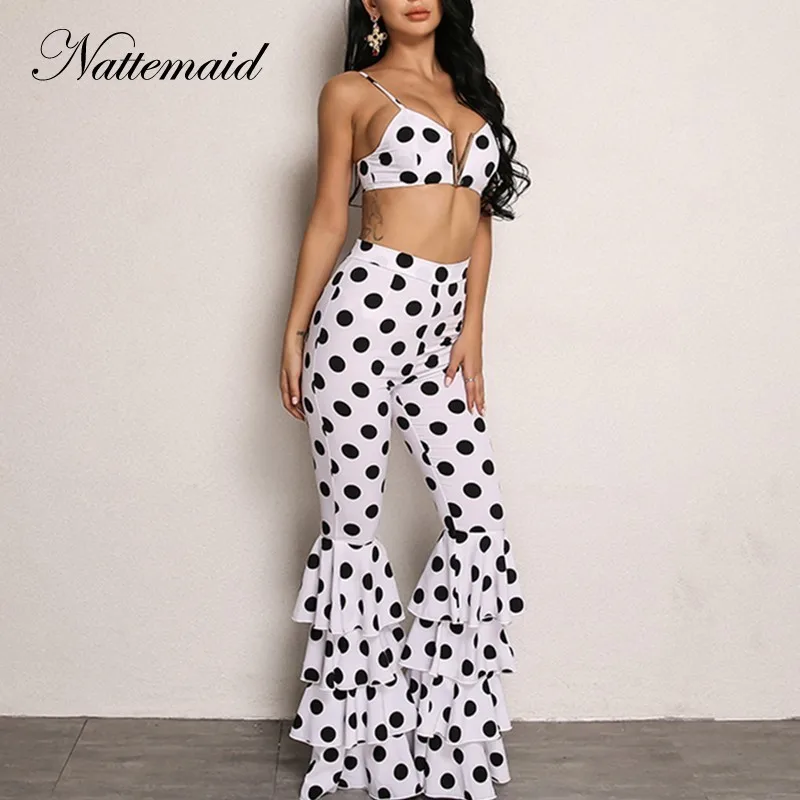 

NATTEMAID Sleeveless Black Polka Dot 2 Piece Set Women Casual Two Piece Set Crop Top And Flare Pants Backless Sexy Two Piece