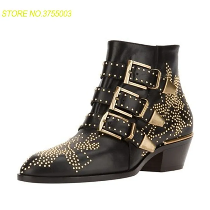 

Susanna Studded Real Leather Ankle Boots Women Pointed Toe Rivet Flower Martin Boots Women Velvet Boots Zapatos Mujer