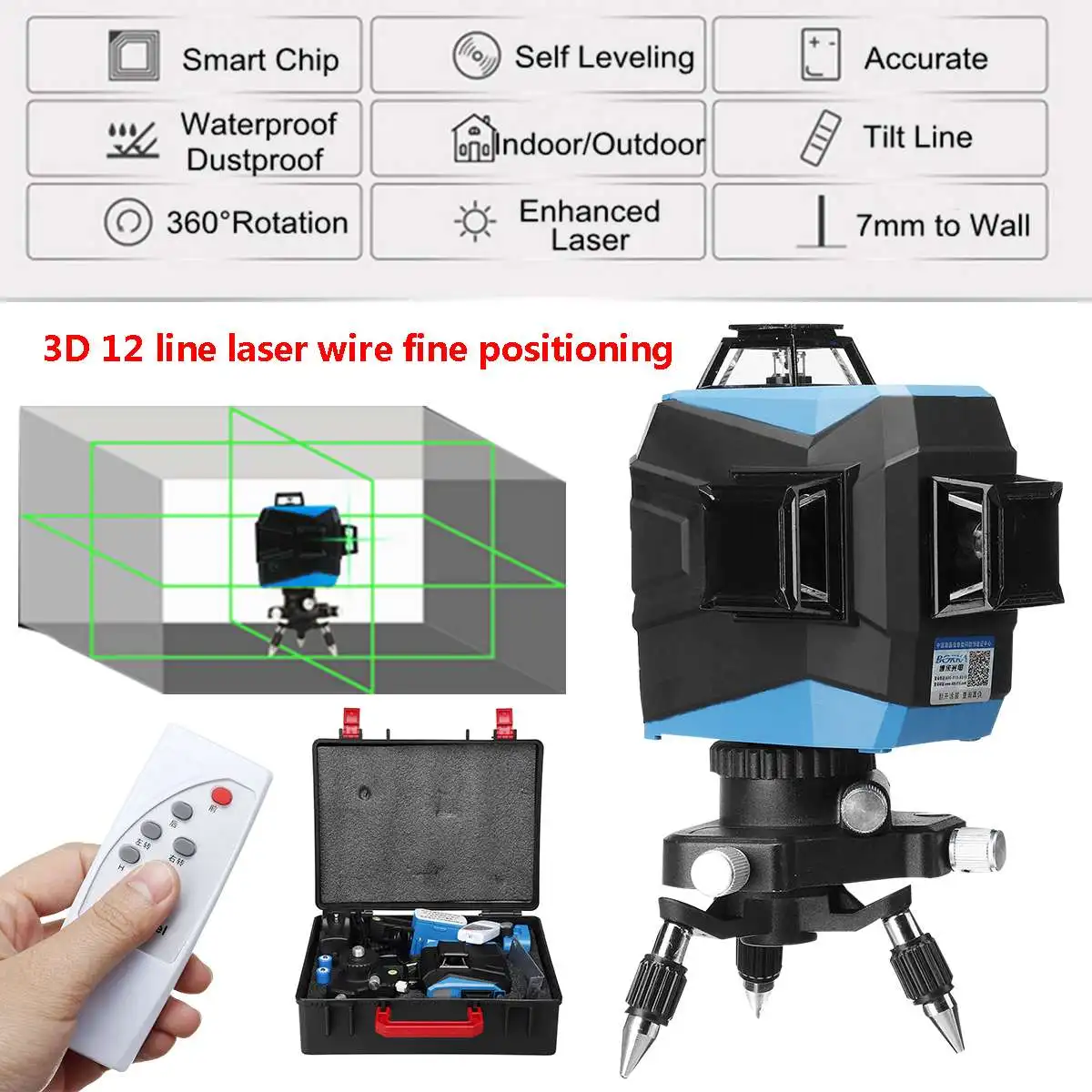 

Green Laser Level Self Leveling 532nm 12 Lines 3D 360 40m Measure Auto Control Mount Remote Fully Automatic Holder Waterproof
