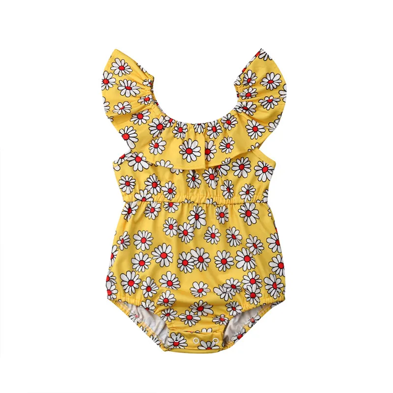 

2019 Newborn Baby Girls Sunflower Romper Lovely Ruffles Collar Jumpsuit Baby Girls Princess Printed Romper Outfits Clothes 0-24M